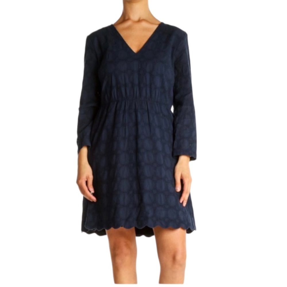 J.CREW Factory Blue Day Fit & Flare Eyelet Dress 3/4 Sleeve Scalloped Hem 10